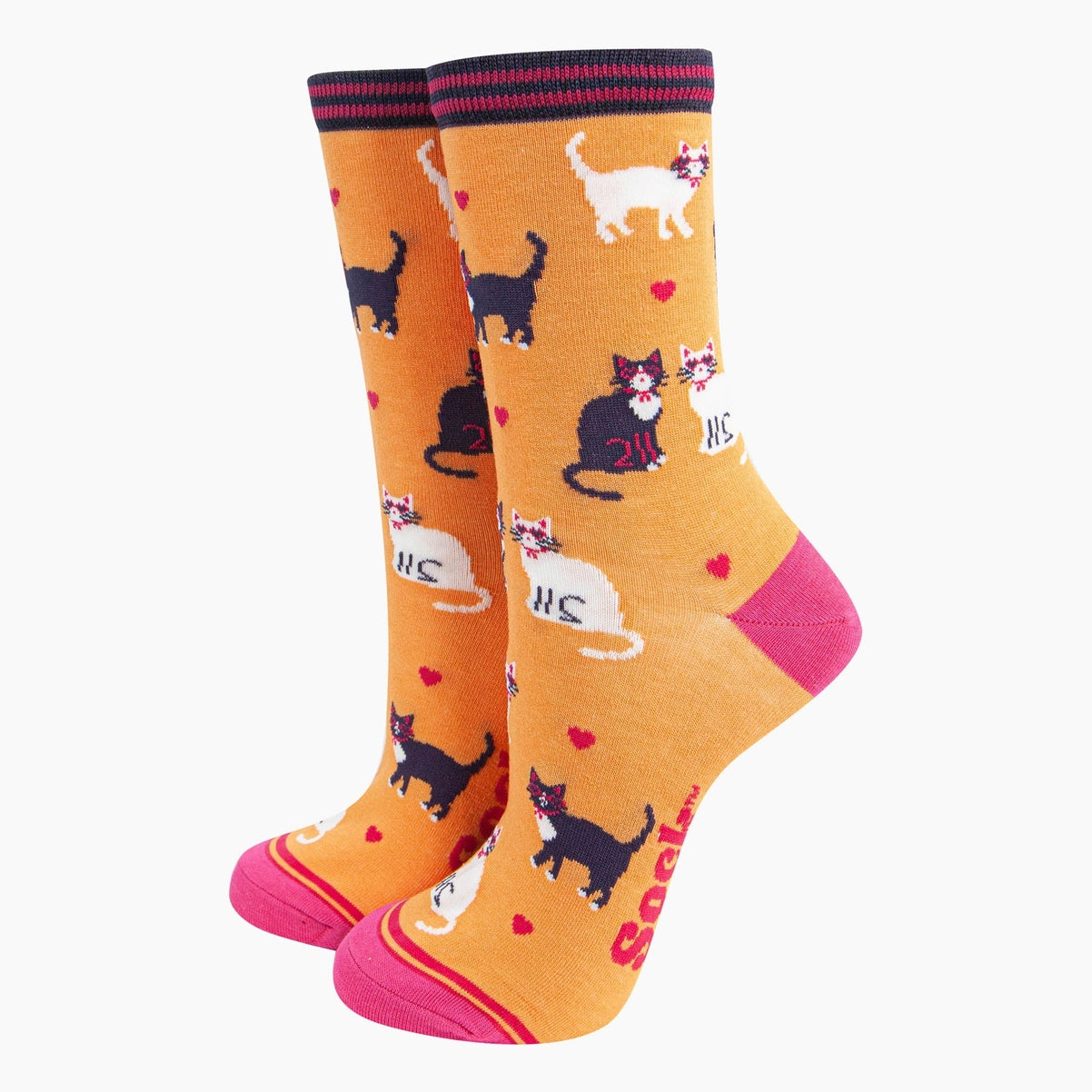Women's Bamboo Socks - Orange, Cats and Love Hearts