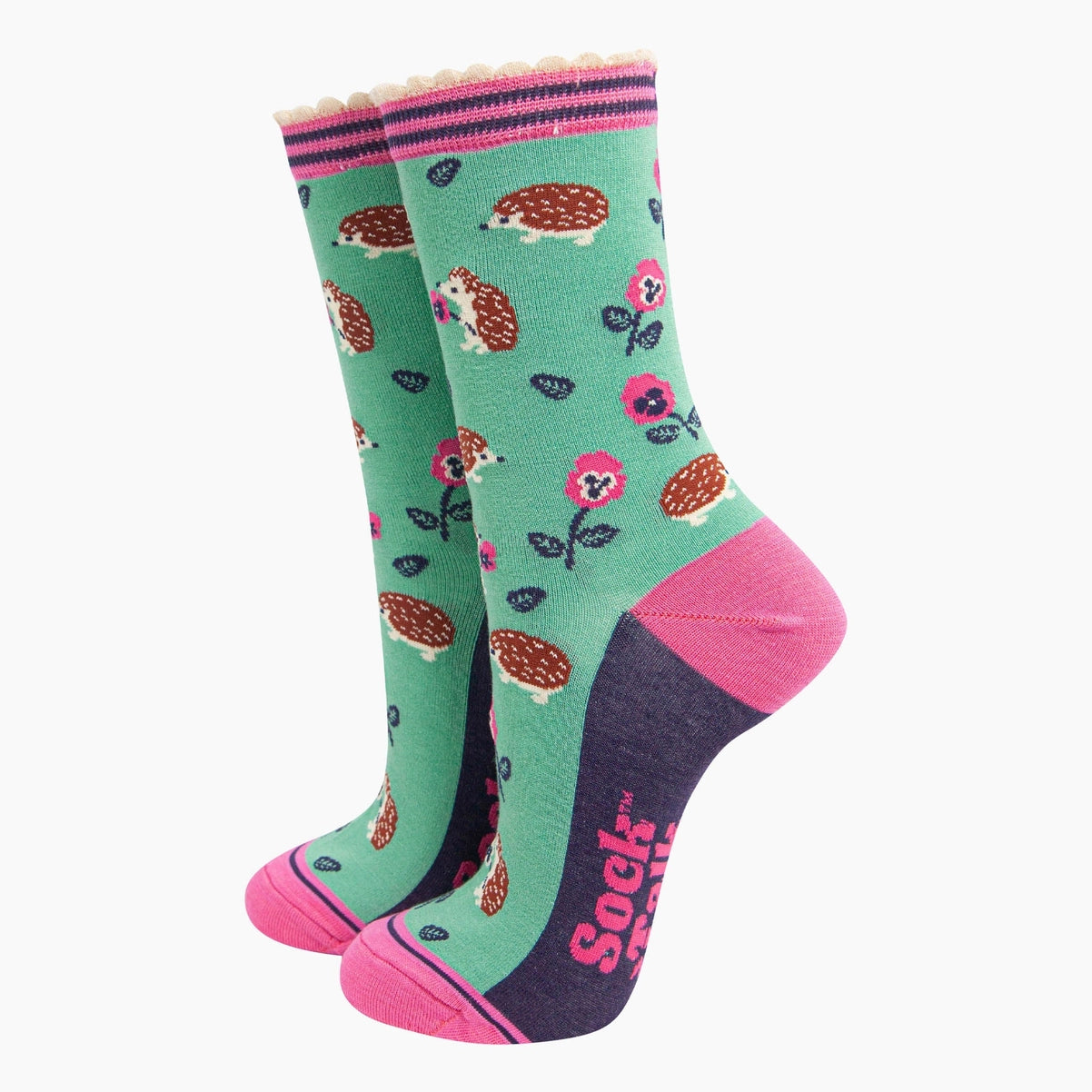 Women's Bamboo Socks - Hedgehog and Pansies