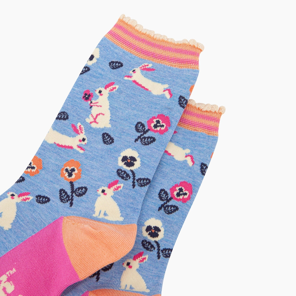 Women's Bamboo Socks - Blue, Rabbit and Flowers