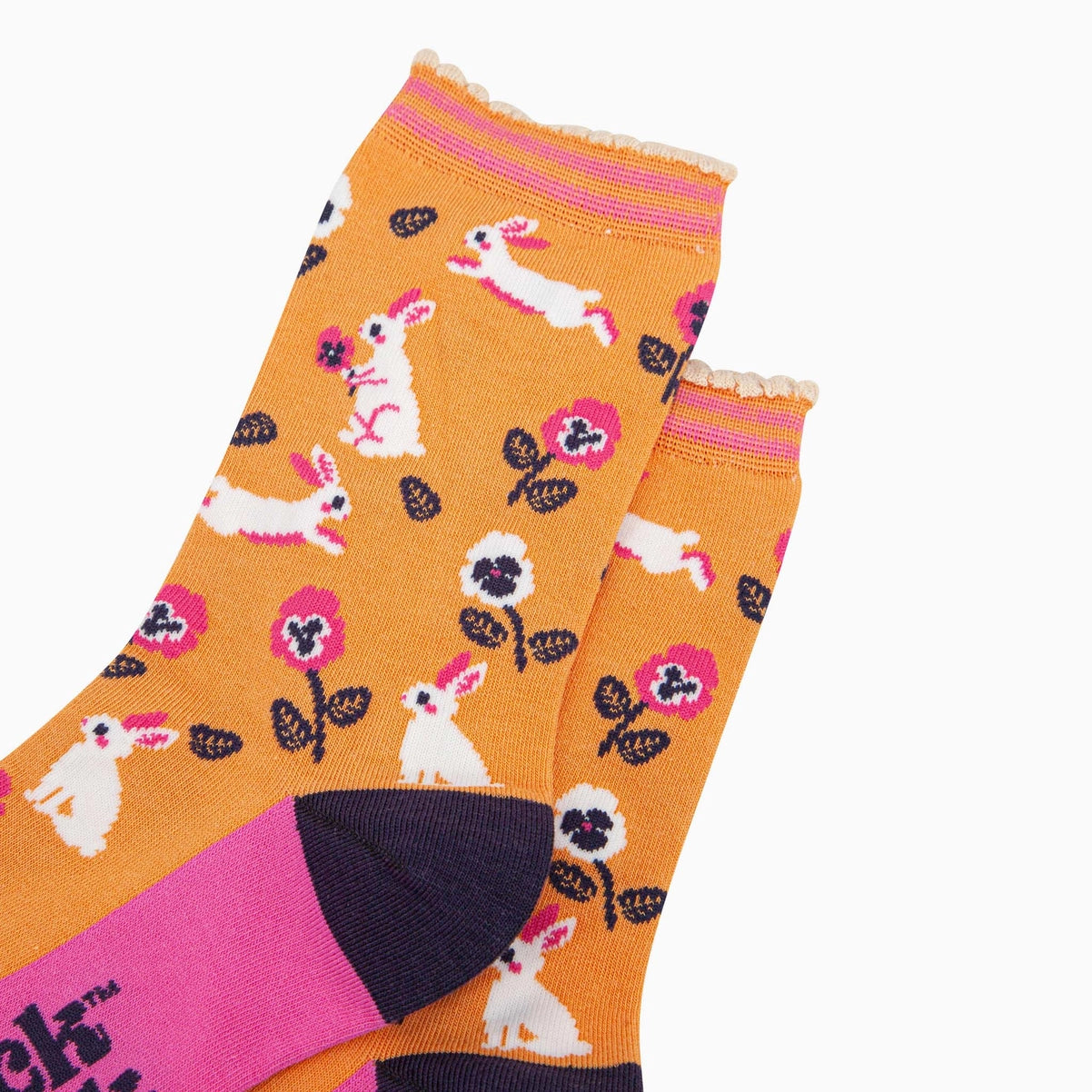 Women's Bamboo Socks - Orange, Rabbit and Flowers