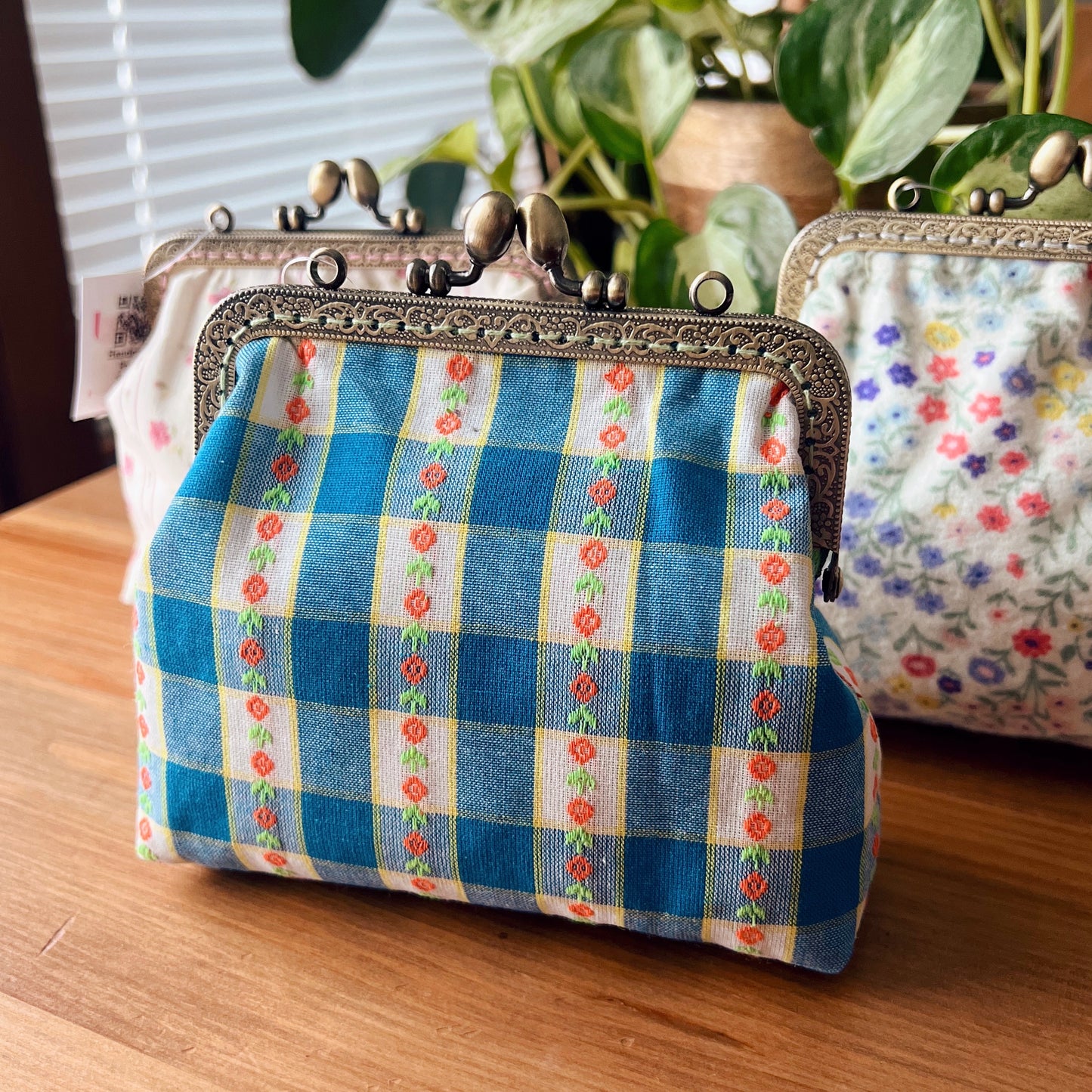 Floral Delight Handcrafted Pouch - Blue Striped Rose