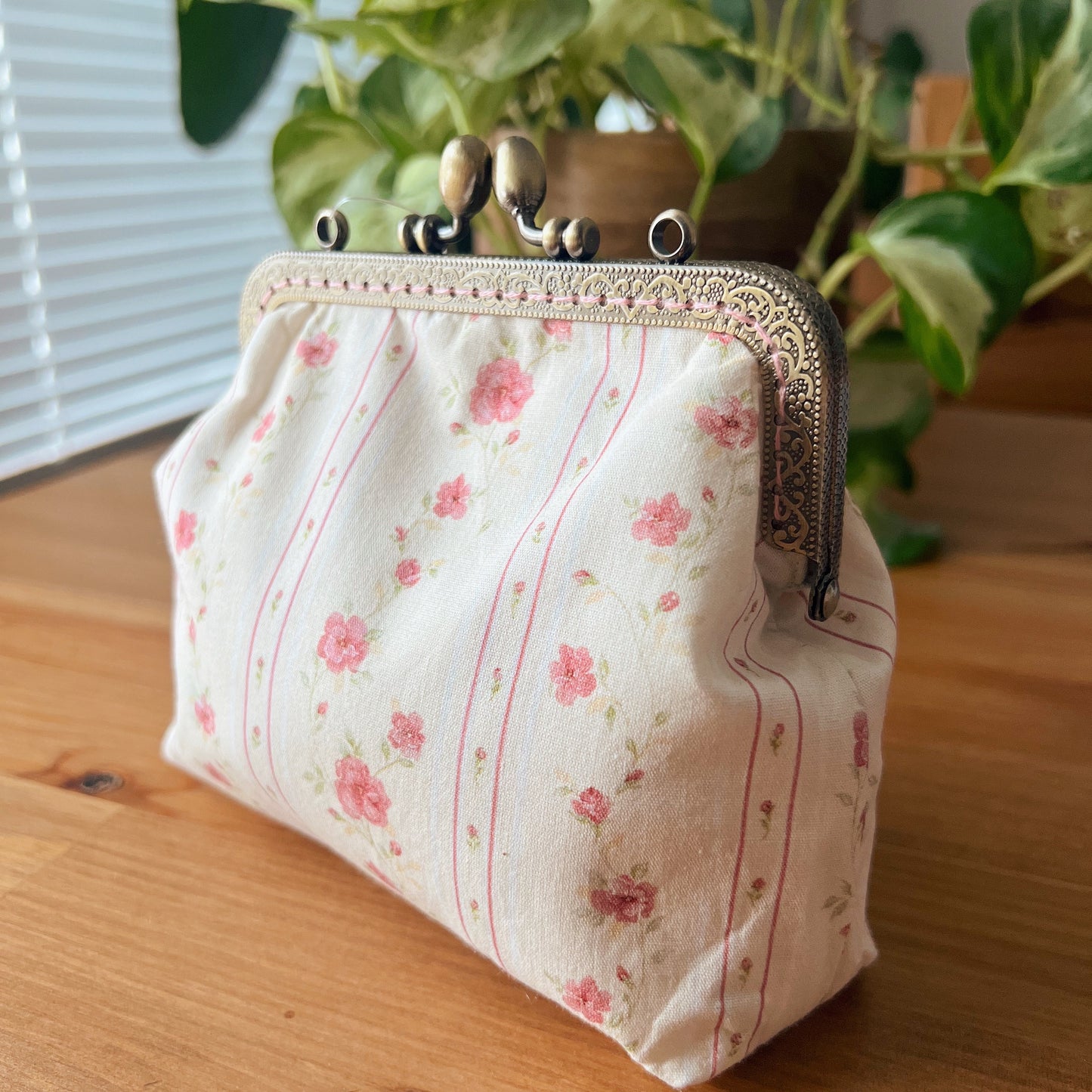 Floral Delight Handcrafted Pouch - Cream Striped Rose