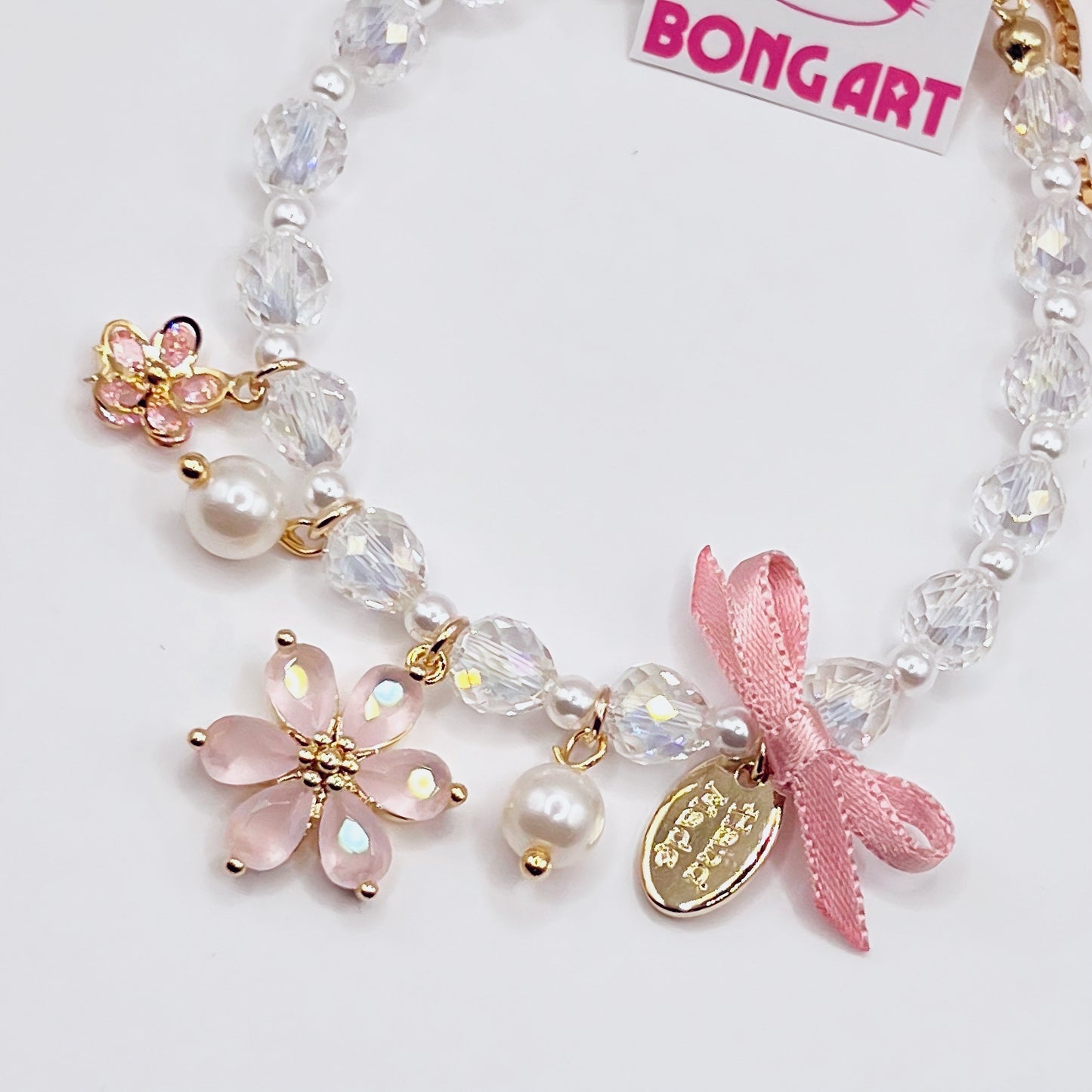 Radiant Pink Flower & Bow Charm Bracelet