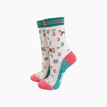 Women's Bamboo Socks - Tabby Cat Floral