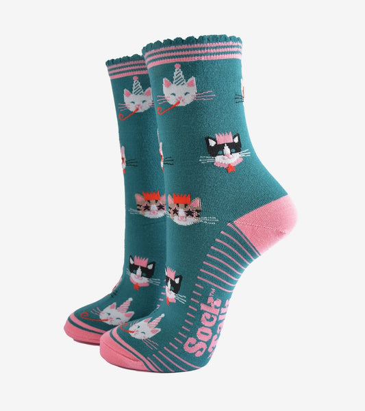Women's Bamboo Socks - Green/Pink, Party Cats