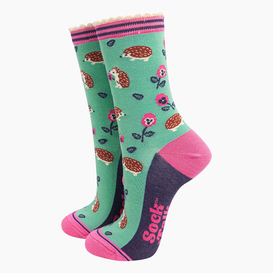 Women's Bamboo Socks - Hedgehog and Pansies