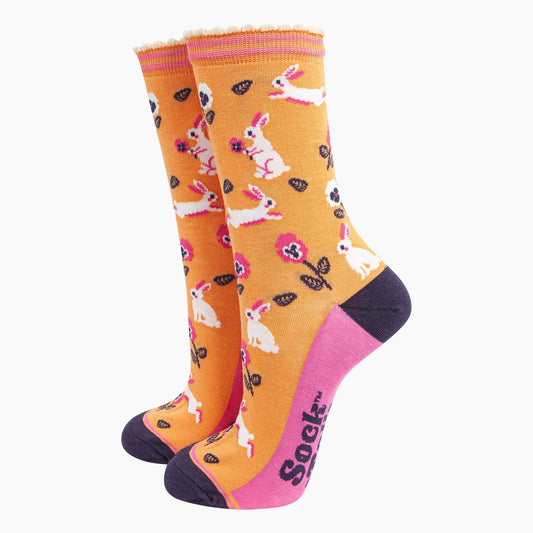 Women's Bamboo Socks - Orange, Rabbit and Flowers