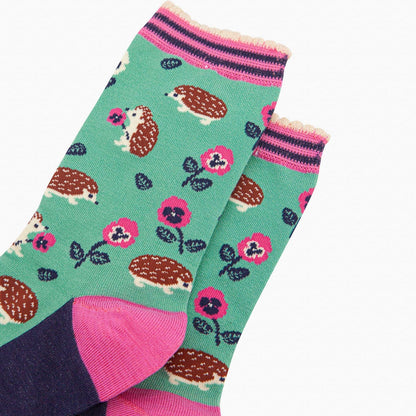 Women's Bamboo Socks - Hedgehog and Pansies