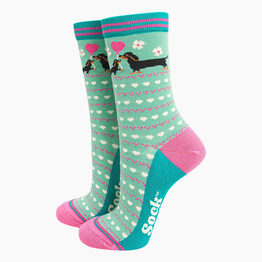 Women's Bamboo Socks - Mint, Sausage Dog & Puppy