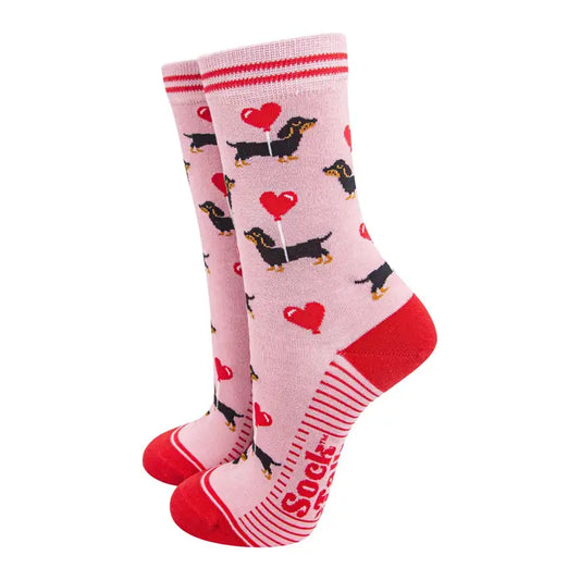 Women's Bamboo Socks - Light Pink/Red, Sausage Dogs
