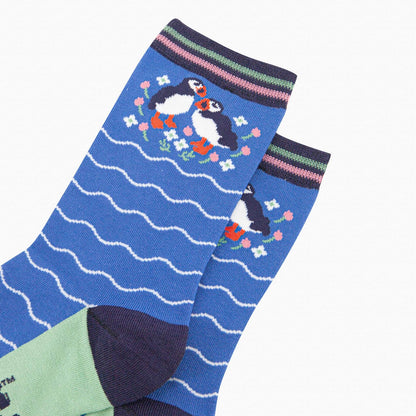 Women's Bamboo Socks - Puffins and Flowers