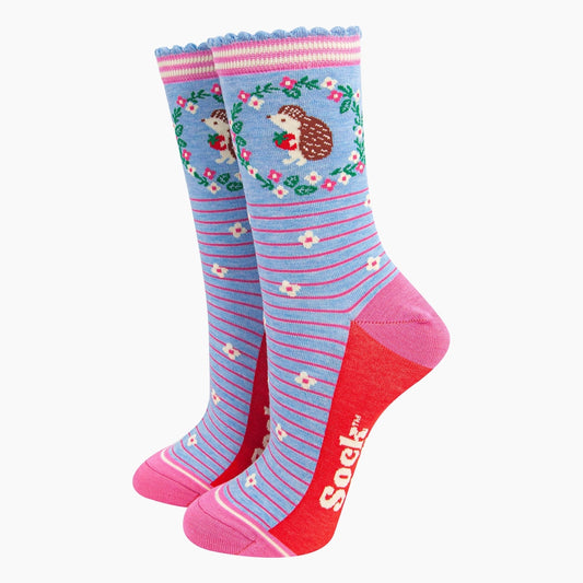 Women's Bamboo Socks - Blue, Hedgehog Wreath and Strawberry