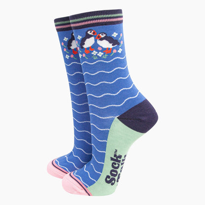 Women's Bamboo Socks - Puffins and Flowers