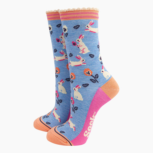 Women's Bamboo Socks - Blue, Rabbit and Flowers