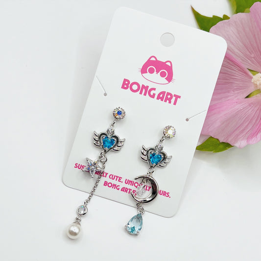 Starry Moon Blue Wing Asymmetric Earrings
