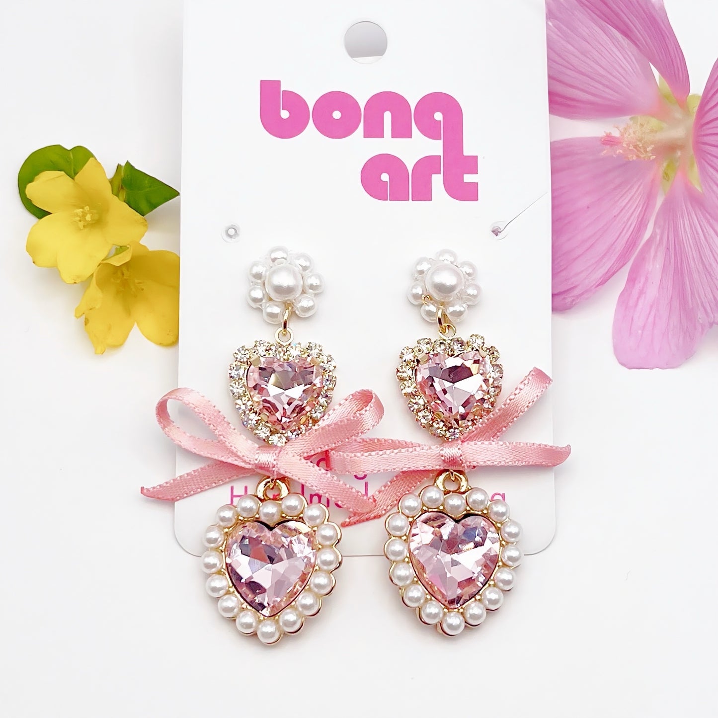 Pink Bow Gem Heart Earrings