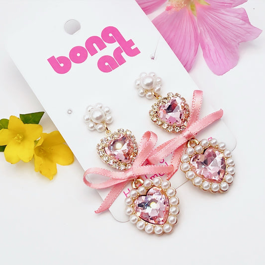 Pink Bow Gem Heart Earrings