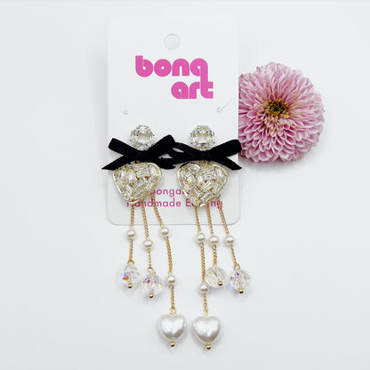 Shimmering Heart with Black Bow Earrings