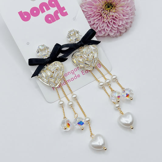 Shimmering Heart with Black Bow Earrings