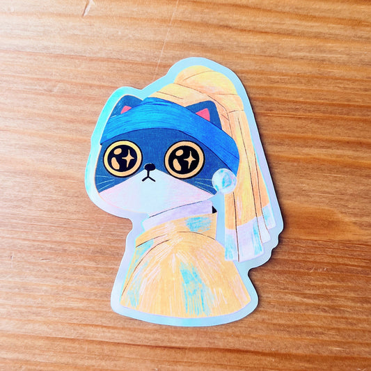 Meow Momo With A Pearl Earring | Waterproof Holographic Sticker