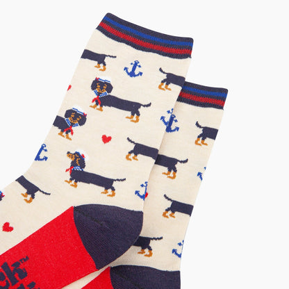 Women's Bamboo Socks - Cream, Sausage Dog Sailor