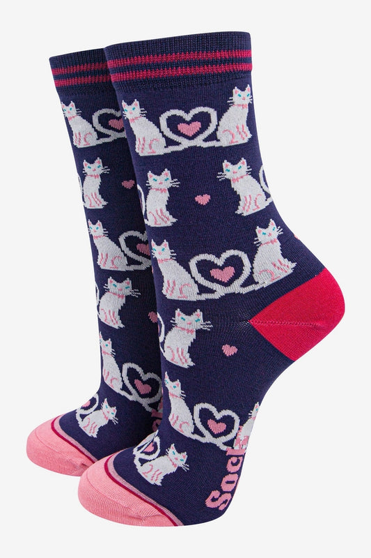 Women's Bamboo Socks - Navy Blue Cats