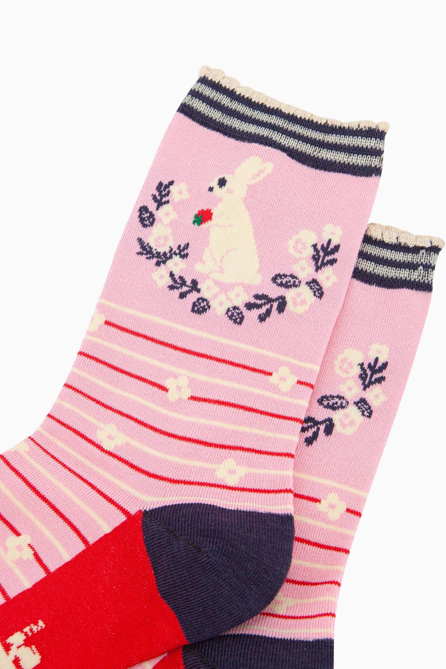 Women's Bamboo Socks - Rabbit Wreath and Strawberry