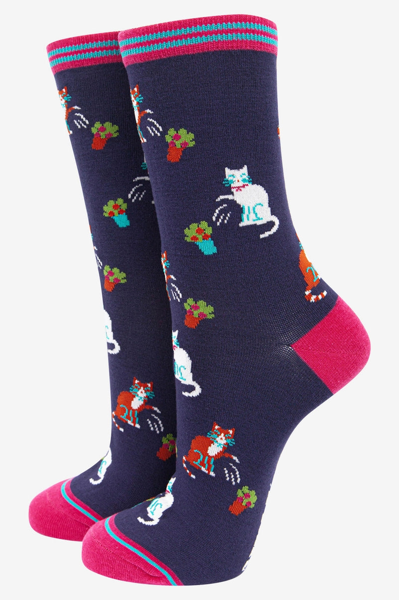 Women's Clumsy Cats Flower Bamboo Socks in Navy Blue