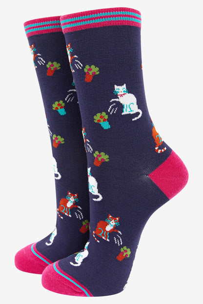 Women's Clumsy Cats Flower Bamboo Socks in Navy Blue
