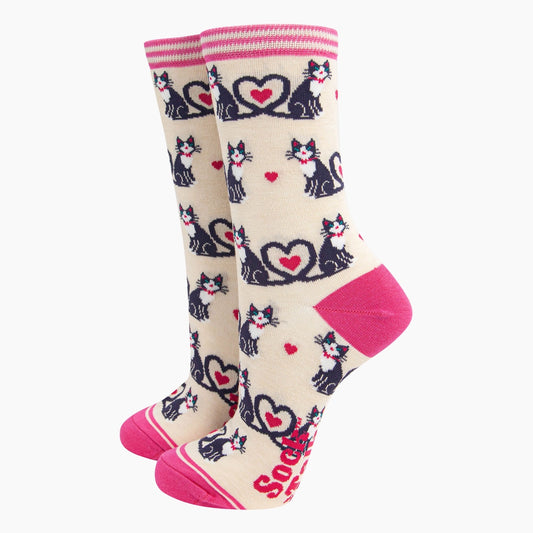Women's Bamboo Socks - Cream, Cats Love Heart Tails