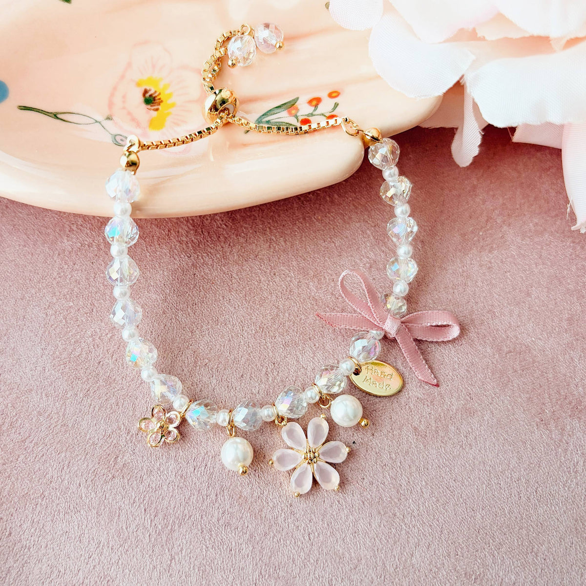 Radiant Pink Flower & Bow Charm Bracelet