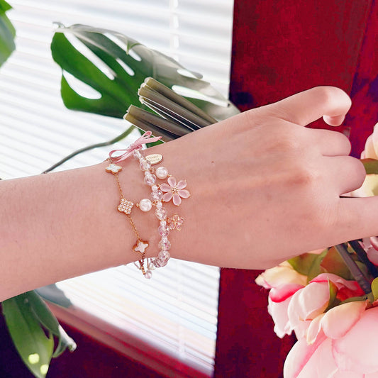 Radiant Pink Flower & Bow Charm Bracelet