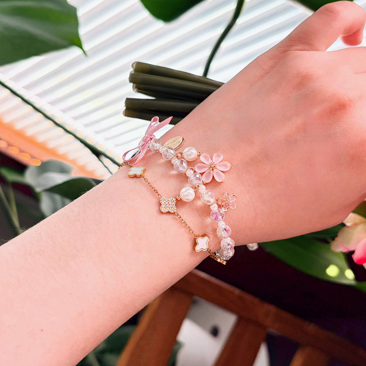 Radiant Pink Flower & Bow Charm Bracelet